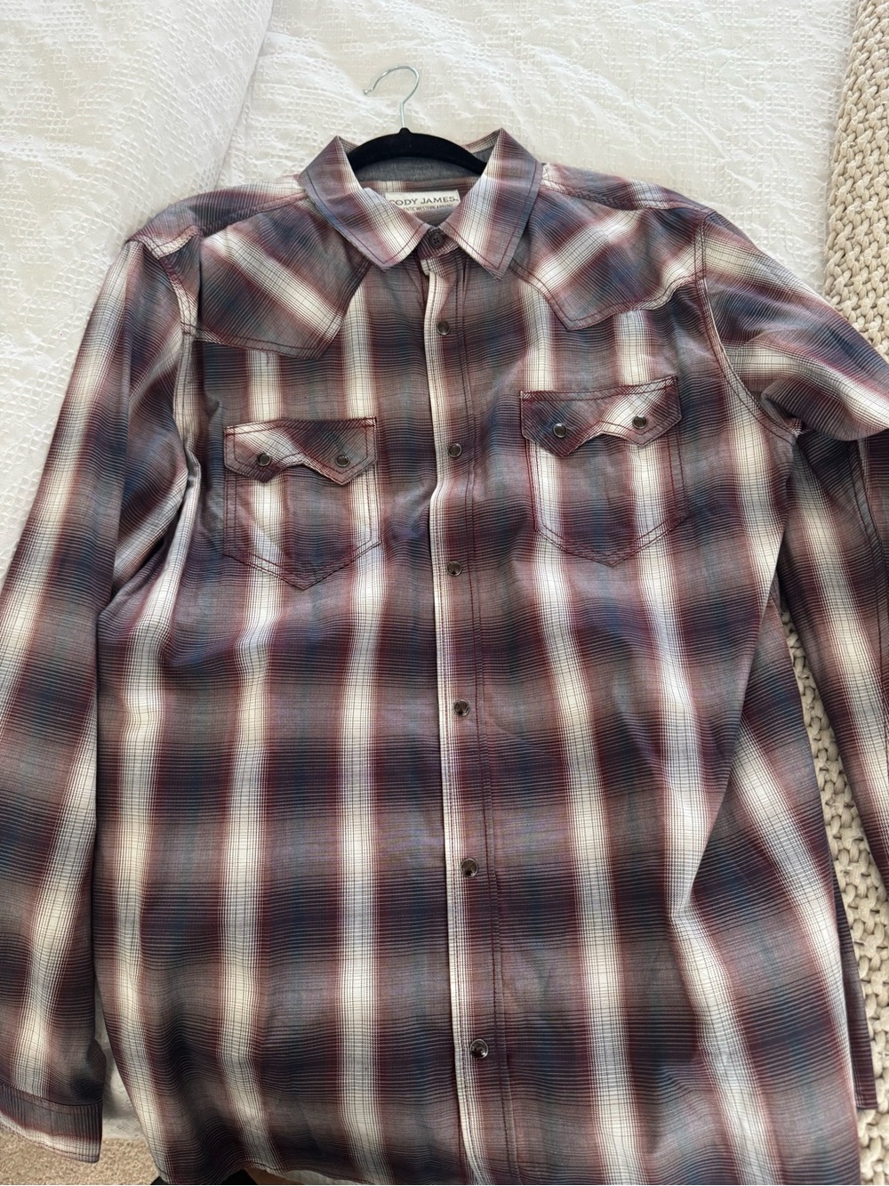 Eddie Bauer Men's Plaid Button-Down Shirt in Burgundy, Gray & White